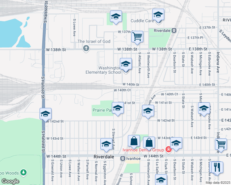 map of restaurants, bars, coffee shops, grocery stores, and more near 14019 South Stewart Avenue in Riverdale