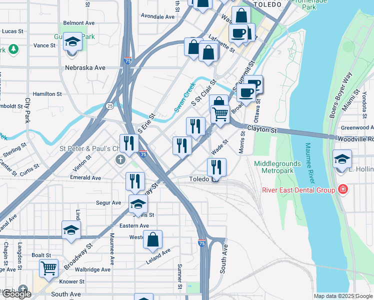 map of restaurants, bars, coffee shops, grocery stores, and more near 430 Broadway Street in Toledo