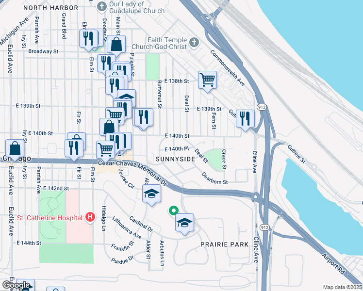 map of restaurants, bars, coffee shops, grocery stores, and more near 2604 East 140th Place in East Chicago
