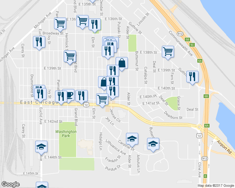map of restaurants, bars, coffee shops, grocery stores, and more near 4016 Pulaski Street in East Chicago
