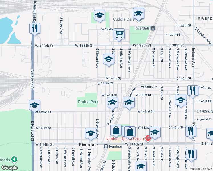 map of restaurants, bars, coffee shops, grocery stores, and more near 14015 South Tracy Avenue in Riverdale