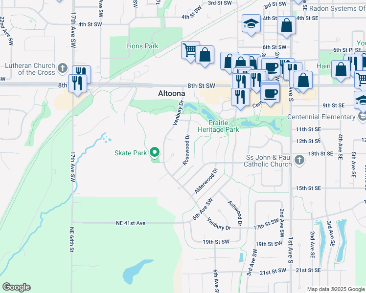 map of restaurants, bars, coffee shops, grocery stores, and more near 1112 Rosewood Dr in Altoona