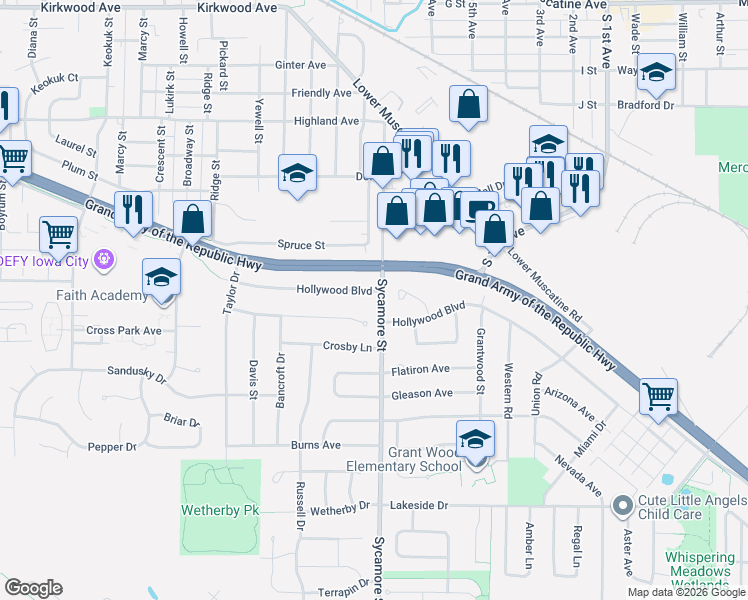 map of restaurants, bars, coffee shops, grocery stores, and more near 1647 Hollywood Boulevard in Iowa City