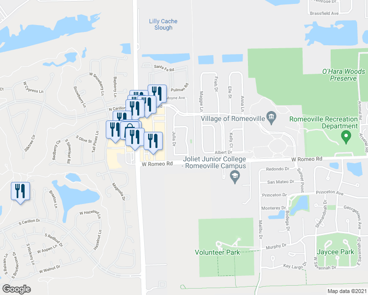 map of restaurants, bars, coffee shops, grocery stores, and more near 422 Claire Avenue in Romeoville