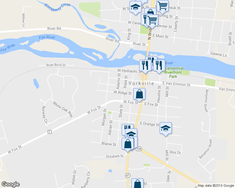 map of restaurants, bars, coffee shops, grocery stores, and more near 306 West Ridge Street in Yorkville