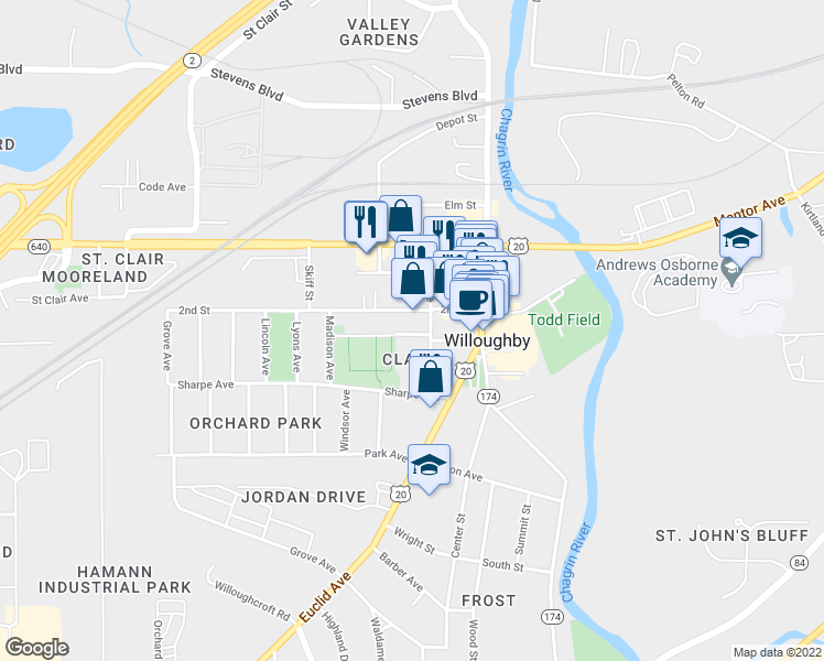 map of restaurants, bars, coffee shops, grocery stores, and more near 37931 West Spaulding Street in Willoughby