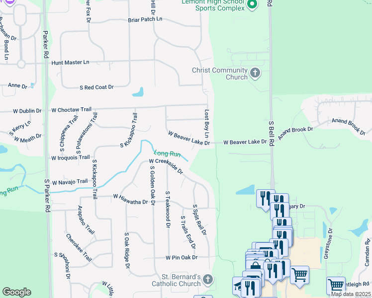 map of restaurants, bars, coffee shops, grocery stores, and more near 13656 Thicket Court in Homer Glen