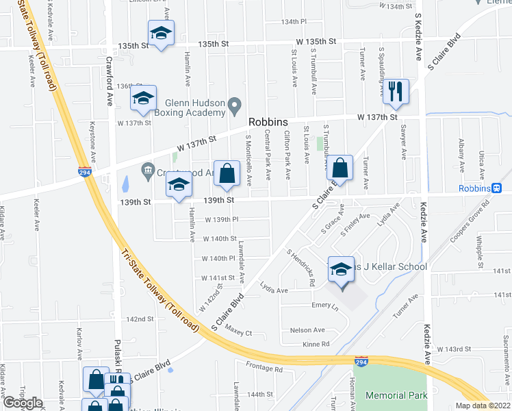 map of restaurants, bars, coffee shops, grocery stores, and more near 3615 139th Street in Robbins