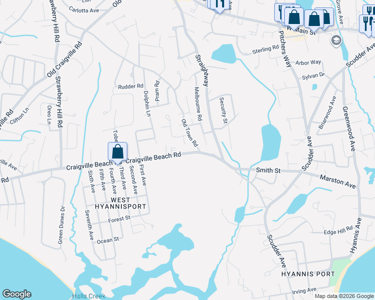 map of restaurants, bars, coffee shops, grocery stores, and more near 11 Old Town Road in Barnstable