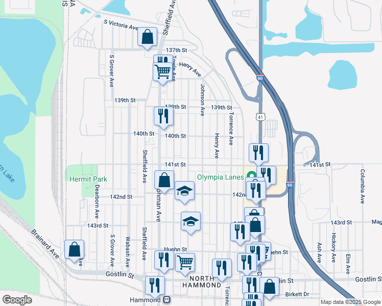 map of restaurants, bars, coffee shops, grocery stores, and more near 4031 Cameron Avenue in Hammond