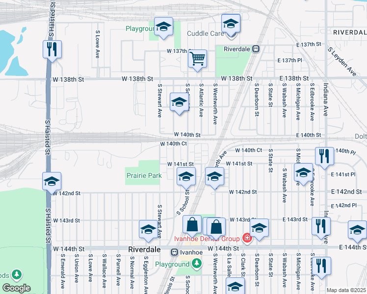 map of restaurants, bars, coffee shops, grocery stores, and more near 14020 South School Street in Riverdale