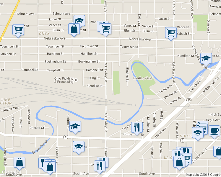map of restaurants, bars, coffee shops, grocery stores, and more near 55 Wellington Street in Toledo
