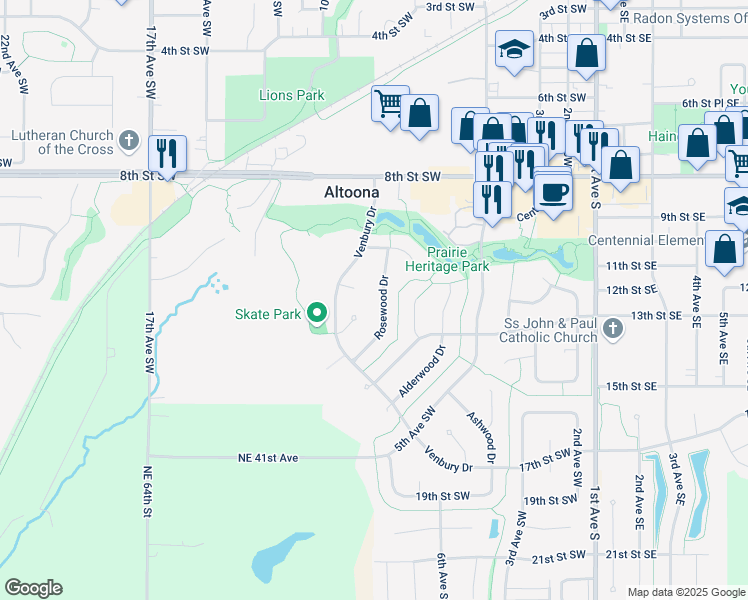 map of restaurants, bars, coffee shops, grocery stores, and more near 1112 Rosewood Drive in Altoona