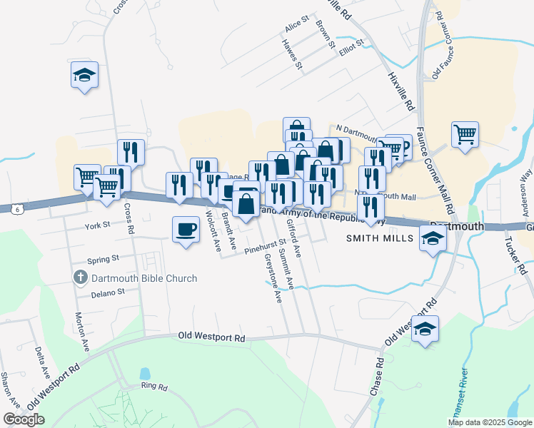 map of restaurants, bars, coffee shops, grocery stores, and more near 413 State Road in Dartmouth