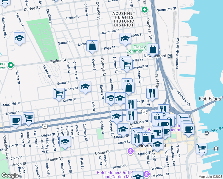 map of restaurants, bars, coffee shops, grocery stores, and more near 69 Chestnut Street in New Bedford