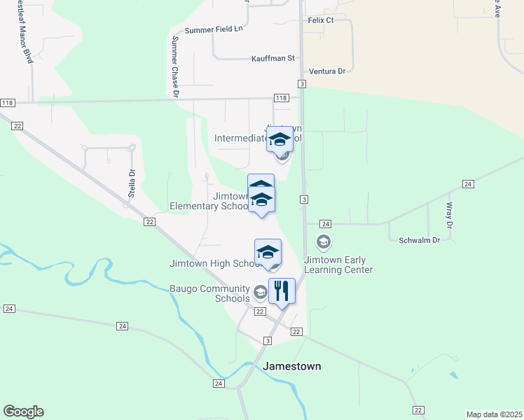 map of restaurants, bars, coffee shops, grocery stores, and more near 58901 County Road 3 in Elkhart