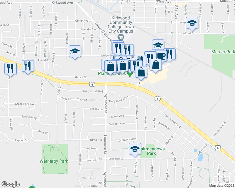 map of restaurants, bars, coffee shops, grocery stores, and more near 1800 Hollywood Court in Iowa City