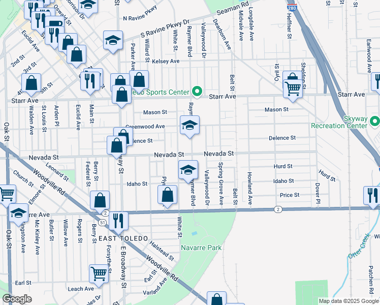 map of restaurants, bars, coffee shops, grocery stores, and more near 550 Raymer Boulevard in Toledo