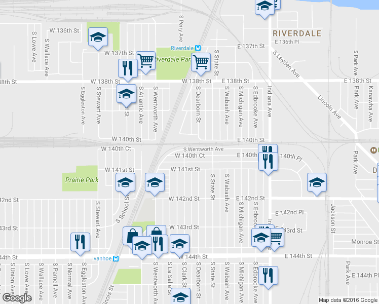 map of restaurants, bars, coffee shops, grocery stores, and more near 27 West 140th Court in Riverdale