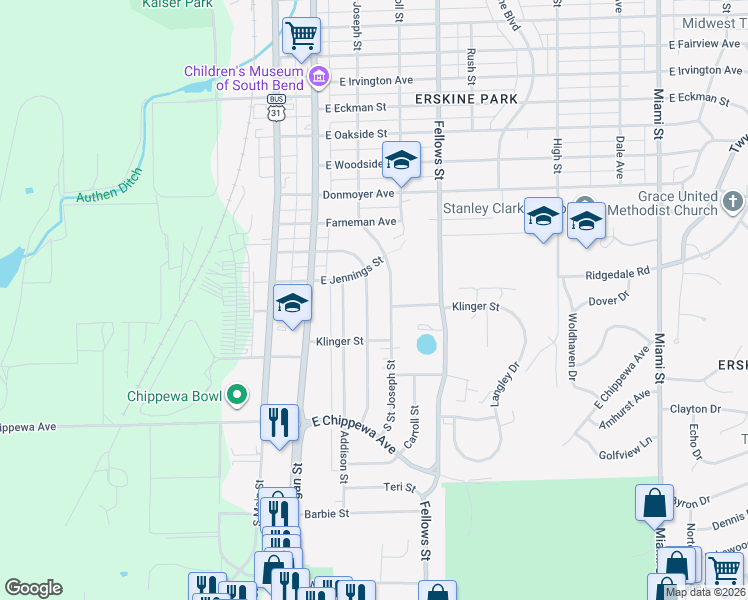 map of restaurants, bars, coffee shops, grocery stores, and more near 3322 Whitcomb Avenue in South Bend