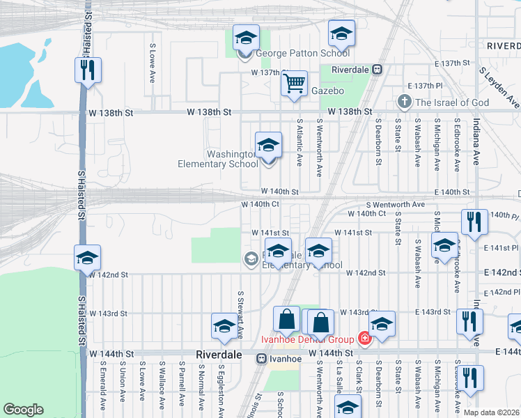 map of restaurants, bars, coffee shops, grocery stores, and more near 14017 South Tracy Avenue in Riverdale