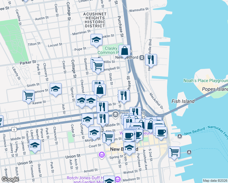 map of restaurants, bars, coffee shops, grocery stores, and more near 44 State Street in New Bedford