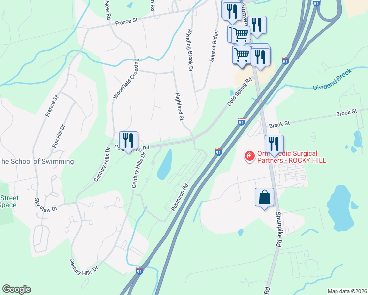 map of restaurants, bars, coffee shops, grocery stores, and more near 98 Cold Spring Road in Rocky Hill