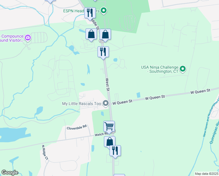 map of restaurants, bars, coffee shops, grocery stores, and more near 1901 West Street in Southington