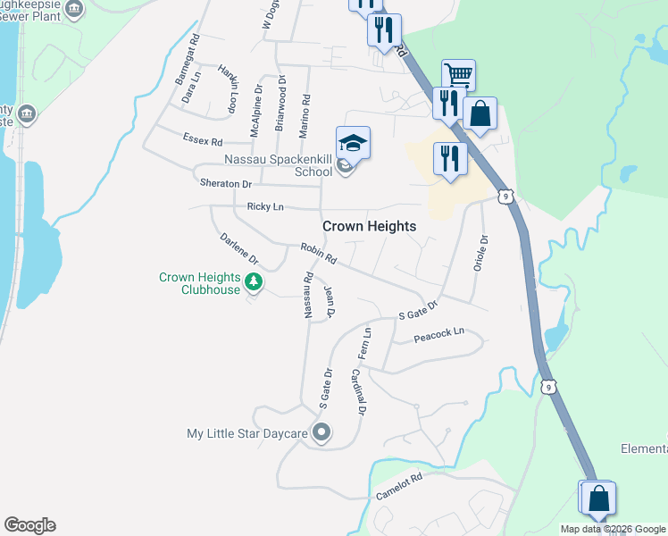 map of restaurants, bars, coffee shops, grocery stores, and more near 31 Robin Road in Poughkeepsie