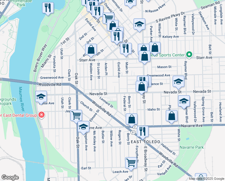 map of restaurants, bars, coffee shops, grocery stores, and more near 625 Nevada Street in Toledo