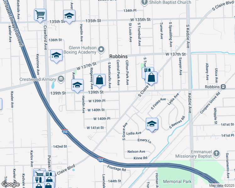 map of restaurants, bars, coffee shops, grocery stores, and more near 3615 139th Street in Robbins