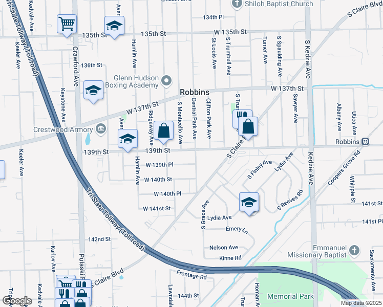map of restaurants, bars, coffee shops, grocery stores, and more near 3615 139th Street in Robbins