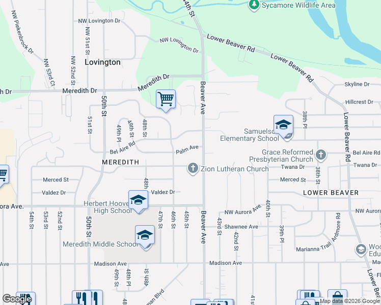 map of restaurants, bars, coffee shops, grocery stores, and more near 4430 Palm Avenue in Des Moines