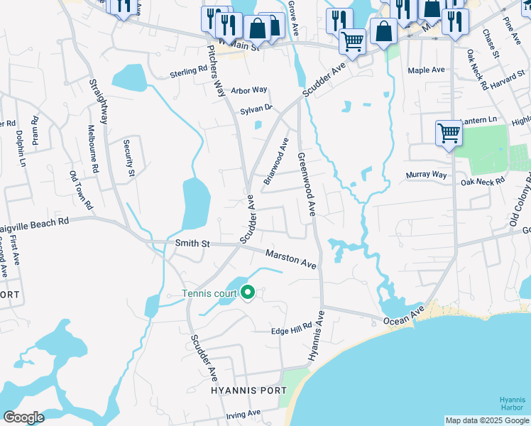 map of restaurants, bars, coffee shops, grocery stores, and more near 21 Harrington Way in Barnstable