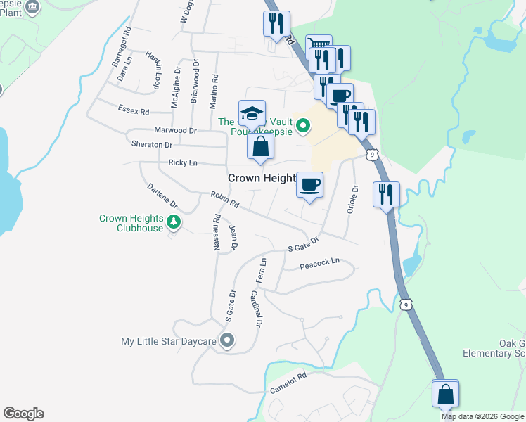 map of restaurants, bars, coffee shops, grocery stores, and more near 26 Robin Road in Poughkeepsie