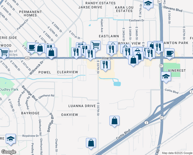 map of restaurants, bars, coffee shops, grocery stores, and more near 1490 East 337th Street in Eastlake