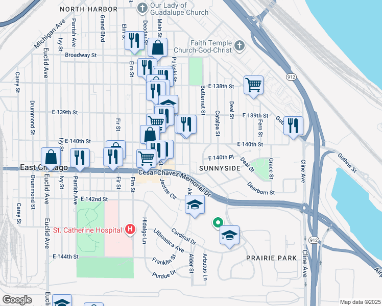 map of restaurants, bars, coffee shops, grocery stores, and more near 4005 Alder Street in East Chicago