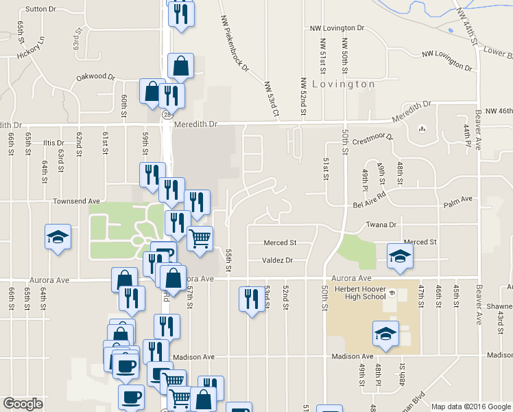 map of restaurants, bars, coffee shops, grocery stores, and more near 5305 Twana Drive in Des Moines
