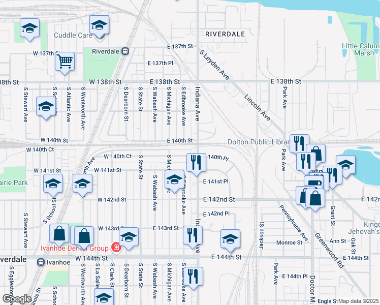 map of restaurants, bars, coffee shops, grocery stores, and more near 123 E 140th Ct in Riverdale