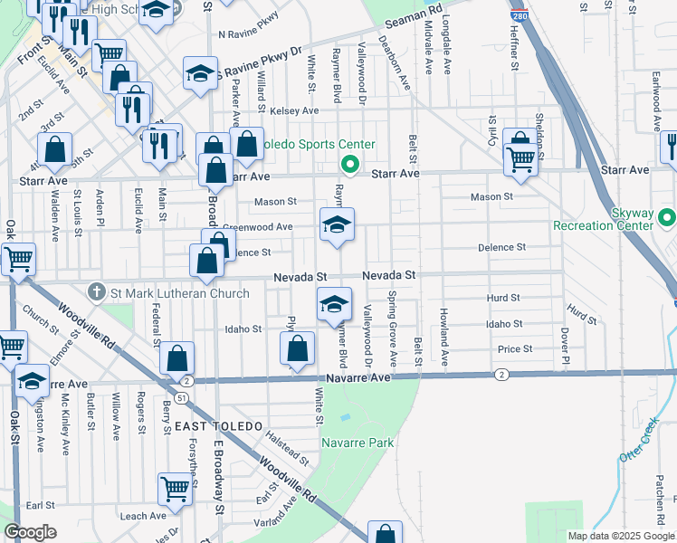 map of restaurants, bars, coffee shops, grocery stores, and more near 550 Raymer Boulevard in Toledo