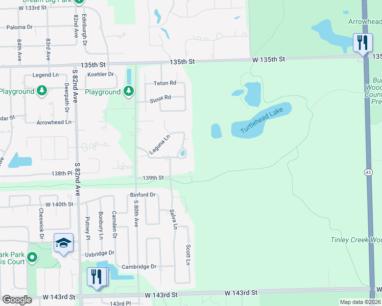 map of restaurants, bars, coffee shops, grocery stores, and more near 7831 Redondo Lane in Orland Park