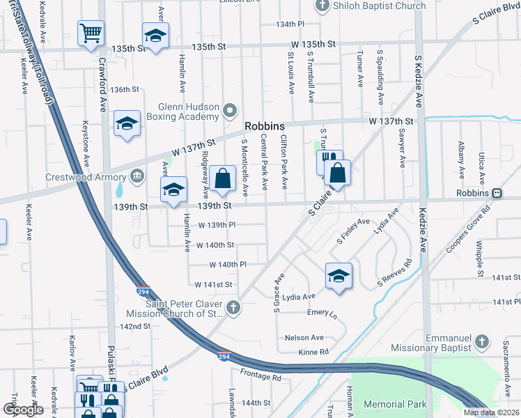 map of restaurants, bars, coffee shops, grocery stores, and more near 13906 Central Park Avenue in Robbins