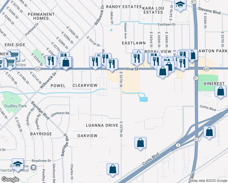 map of restaurants, bars, coffee shops, grocery stores, and more near 1490 East 337th Street in Eastlake