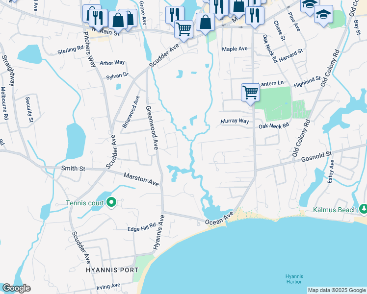 map of restaurants, bars, coffee shops, grocery stores, and more near 37 Fiddlers Circle in Barnstable