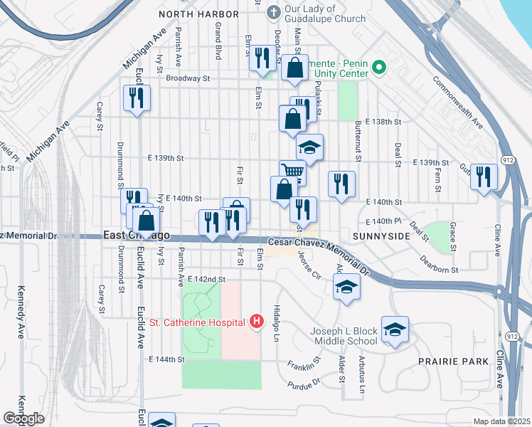 map of restaurants, bars, coffee shops, grocery stores, and more near 4011 Elm Street in East Chicago
