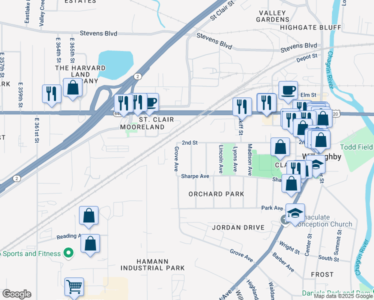 map of restaurants, bars, coffee shops, grocery stores, and more near 4139 Grove Avenue in Willoughby