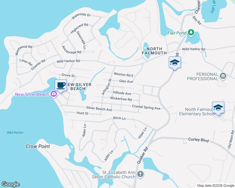 map of restaurants, bars, coffee shops, grocery stores, and more near 72 Hillside Avenue in Falmouth