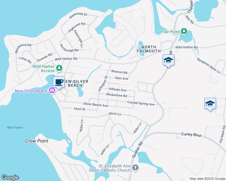 map of restaurants, bars, coffee shops, grocery stores, and more near 74 Hillside Avenue in Falmouth