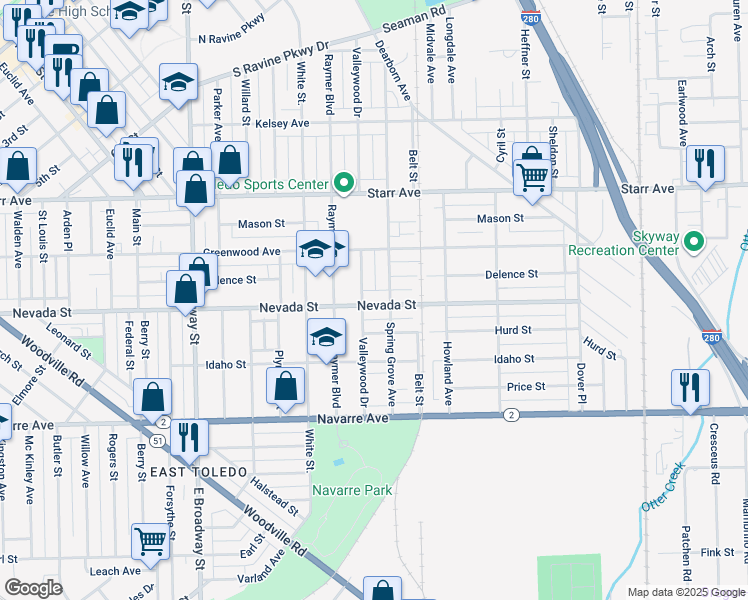 map of restaurants, bars, coffee shops, grocery stores, and more near 1611 Nevada Street in Toledo