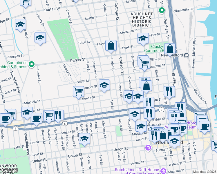 map of restaurants, bars, coffee shops, grocery stores, and more near 305 Maxfield Street in New Bedford